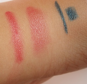 Left: Josie Maran's Pink Escape swatched to the far left and blended out next to it. Right: MUFE's Aqua Eyes Liner in 12L